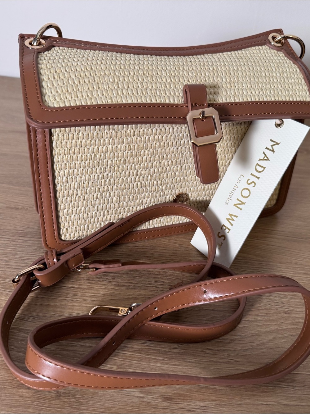 Madison West Cream Woven Crossbody with Brown Trim and Gold Buckle - Picture 7 of 7